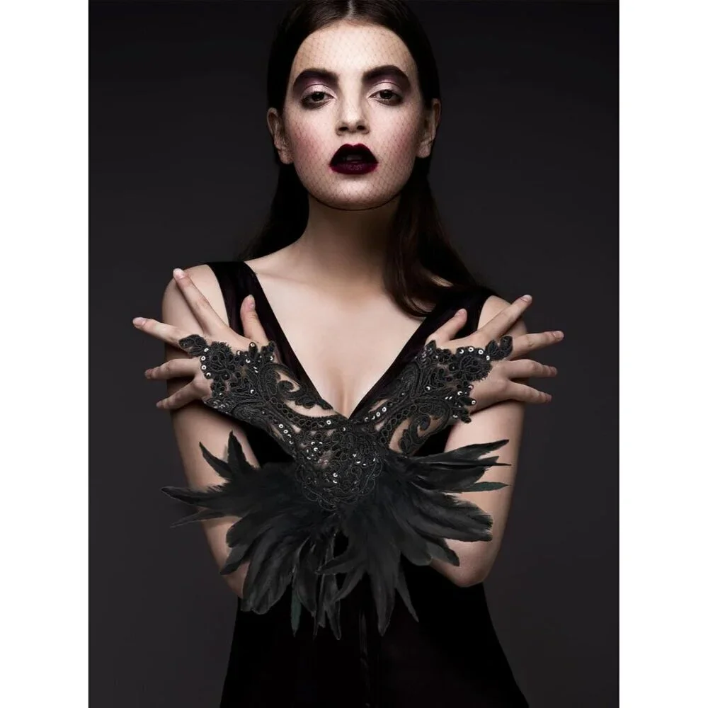 Women's Lace Feather Long Gloves Gothic Costume Accessories for Party